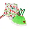 Conjunto Navideño para Bebé Bolas de Colores Navideños Copo de Nieve Mangas Acampanadas Pelele Corazón de Felpa Verde Tirantes Falda Conjunto de Tres Piezas