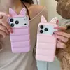 Capa de celular acolchoada de cor sólida estilo coreano com orelhas de gato, adequada para Apple 17 Pro Max, iPhone 16, fofo 15, fofo 14