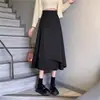 Saia midi feminina de primavera, estilo A, plus size, cintura alta irregular, estilo coreano, saia evasê que cobre o quadril com barra larga