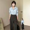 Camisa Azul Francés de Cuello Mao para Mujer Estilo Coreano 2025 Nuevo Diseño Otoño Temprano Único y Chic Top Casual de Manga Larga