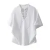 Camiseta Jacquard com Decote V de Manga Curta, Design Vazado com Cordão, Estilo Americano Casual de Nicho para Homens, Comércio Exterior 2026