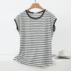 2026 Verano Modal Nuevo Estilo Manga Acampanada Suéter Camiseta Básica Talla Extra Cuello Redondo Camiseta Rayada Top Adelgazante