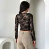 Estilo Doce e Picante para Meninas, T-shirt Transparente para Mulheres, Manga Longa, Patchwork de Renda, Gola Quadrada Vazada, Top Curto, Novo Estilo Outono 2026 Europeu e Americano