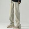 Calça Estilo Vintage Americano Marca Tendência High Street Jeans Amarelo Sujo Tingido Lavado Calça Masculina com Zíper Dividido