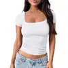 Amazon Transfronterizo Verano 2026 Camiseta de Manga Corta de Color Sólido Ajustada con Cuello en U para Mujer Estilo Skims Top Sexy para Mujer