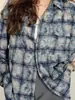 Ropa Exterior Nueva de Manga Larga Primavera y Otoño 2025, Top Estilo Retro Perezoso, Camisa de Cuadros Tie-Dye Azul con Flecos