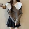 Suéter de Tricô Gola Peter Pan Estilo Francês Outono Novo Feminino Plus Size Solto Emagrecedor Color Block Manga Longa