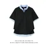 Camiseta Retro Japonesa para Hombre de Manga Tres Cuartos, Falso Dos Piezas de Manga Corta con Cuello en V, Conjunto de Verano Relajado Estilo Old Money
