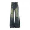 Jeans Rectos Desgastados Azul Oscuro con Parches Estilo Calle Americano para Hombre, Pantalones Largos Unisex de Otoño con Salpicaduras Blancas de Tinta Deshilachadas para Mujer