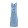 Bzl2026 Vestido de Verão Feminino Estilo Europeu e Americano, Comprimento Médio, Azul, Estampa Floral, Alça com Babado 26484 Cor da Foto