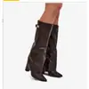 Botas femininas de comércio exterior transfronteiriço com bico fino, cano largo, fivela de metal reta, botas de comprimento médio, tamanho grande, salto grosso, botas femininas estilo calça