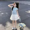Conjunto de Duas Peças Moda Verão Meninas Estilo Coreano Cor Sólida Gola Polo Manga Curta Doce e Fresco Saia de Renda com Laço