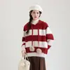 Fábrica de Origem Listrado de Veludo Floral com Capuz Feminino Novo Inverno Estilo Coreano Solto Preguiçoso Tricô Top