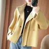 Abrigo de lana con capucha estilo Maillard 2026 para mujer, corto, con bloques de color, casual, petite, de alta gama, abrigo de lana de doble cara