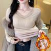 Top Cálido Forrado de Polar para Mujer en Invierno, Empalme de Encaje Engrosado con Almohadilla en el Pecho, Abrigo de Manga Larga para Otoño, Camiseta Base Ajustada