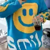 Nuevo suéter de punto para mujer estilo coreano otoño e invierno, cuello redondo, cara sonriente bordada con letras, color de contraste, estilo holgazán, manga larga
