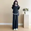 Ropa de maternidad para otoño e invierno, conjunto de dos piezas en gris oscuro con top de manga larga y pantalones de pierna ancha, disimula la barriga y es adelgazante, conjunto casual para futuras madres