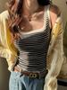 Camisola de Tricô Listrada Estilo Americano para Mulheres, Verão 2025 Casaco Fino Roupa Íntima Sem Mangas Ajustada Top Cobrindo o Peito