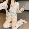 Pijama Listrado Fresco Estilo Coreano para Mulheres, Novo Conjunto Fino de Manga Longa para Primavera e Outono, Roupa de Casa com Dachshund de Desenho Animado Atacado