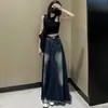 Saia Jeans Feminina 2025 Novo Estilo Americano Retrô Irregular Cintura Alta Slim Linha A Midi Grande Balanço Longa