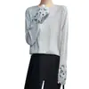 Camiseta de tricô gola redonda manga longa para mulheres, início do outono, bordado jacquard, fina, novo estilo chinês, base cinza