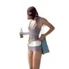 Traje de Baño Retro a Cuadros Marrones de Gama Alta Sexy con Tirantes Halter Escote Partido Ángulo Plano Estilo Lujuria Pura Sexy para Vacaciones
