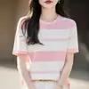 Artículo caliente de verano: Camiseta de punto de algodón 100%, cuello redondo, rayas de bloques de color, manga corta, corte holgado, estilo coreano, top de mujer elegante y versátil
