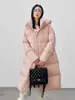 Chaqueta de plumón Pinghu 90% plumón de pato, nuevo estilo otoño e invierno 2026, elegante cuello alto, con capucha, holgada, adelgazante, abrigo largo para mujer