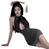 Lingerie Sexy para Meninas com Palha, Saia Justa Halterneck de Seda Brilhante que Cobre o Bumbum, Estilo Sexy Puro Desejo, Cautelosa e Sensual 1025
