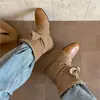 Botas de media pantorrilla con lazo y bloques de color estilo europeo y americano para mujer, botas de moda con tacón grueso que aumentan la altura, botines cortos de punta redonda para primavera y otoño, botines elegantes