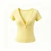 Top Atractivo y Puro de Chica Caliente con Cuello en V Profundo, Botones, Adelgazante, Ceñidor de Cintura, Manga Corta, Nueva Camiseta Corta de Verano para Yoga, Fitness, Running