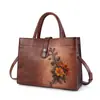 Bolsa tote feminina de couro genuíno, bolsa de mão retrô estilo chinês transfronteiriça, bolsa feminina europeia e americana de couro bovino de grão superior com relevo e pintura