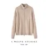 Cardigã de zíper 100% cashmere para mulheres, suéter grosso de tricô trançado para outono e inverno, gola alta discreta, suéter de cashmere solto