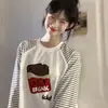 Camiseta de Manga Larga con Cuello Redondo y Rayas Estampadas Divertidas para Mujer, Moderna y Versátil, Estilo Casual Perezoso, Top Rayado Holgado