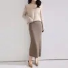 Saia Midi Longa de Tricô Simples Lisa de Cor Sólida Cintura Alta Reta Mistura de Lã Cashmere para Pessoas Altas Solta Valoriza Versátil