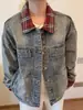 Jaqueta jeans americana retrô de corte reto para homens, marca de moda high street para primavera e outono, design falso de duas peças com gola de lapela estilosa