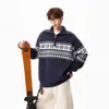 Suéter Jacquard Fair Isle de Cuello Alto con Media Cremallera para Hombre y Mujer, Otoño e Invierno Estilo Retro Perezoso Chaqueta de Punto Versátil Casual
