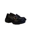 Vintage Round Toe Plataforma Mocassins Femininos Novo Estilo Acadêmico Fivela de Metal Preguiçoso Um Passo Boca Profunda Sapatos Pequenos Sapatos de Couro