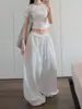 Calça casual de poá estilo americano de perna larga para mulheres, cintura alta, modeladora, calça casual versátil, calça comprida com cintura elástica, calça para dança e esportes