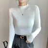 Camiseta de manga longa com gola alta parcial para mulheres, corte justo, cor sólida, versátil, disponível em várias cores, estilo básico, para usar por baixo, top feminino