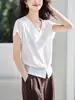 Camiseta de Manga Corta para Mujer 2026 Verano Nueva, Amigable con la Piel y Elegante, Cuello en V, Abotonada, Abertura, Holgada, Cómoda, Sencilla y Elegante