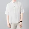 Camisa de lino arrugado de media manga para hombre, cuello holgado, transpirable, informal, de verano, de algodón y lino