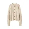 Cardigã de caxemira outono e inverno com botões de chifre, top cardigã de tricô gola redonda, jaqueta suéter vintage elegante e versátil para mulheres