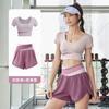 Pantalones cortos antideslizantes de dos piezas con costuras de moda, cintura alta, top de manga corta, traje de yoga de verano de dos piezas
