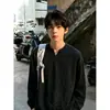 Camiseta de manga larga con cuello en V desgarrada de color gris oscuro para hombre, sudadera de otoño estilo retro japonés casual, camiseta base de alta resistencia