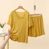 Conjunto de duas peças novo de verão, solto, casual, de modal, com babados, decote V, manga curta e shorts, com estampa de bolinhas pequenas, para casa