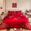 Conjunto de Casamento de Alta Qualidade Estilo Chinês Quatro Peças Grande Vermelho Bordado Colcha de Dote de Casamento Lençol de Cama Roupa de Cama para Quarto de Recém-casados