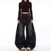 Jeans negros estilo retro americano desgastados, corte relajado, dobladillo curvo para mujer, pantalones nuevos holgados de pierna ancha
