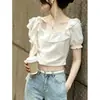 Blusa Branca Feminina Estilo Doce Francês com Mangas Bufantes e Decote Quadrado Verão 2026 Nova com Babados Emagrecedora Versátil