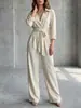 Macacão casual de moda novo, estilo europeu e americano, cor sólida, gola V, manga longa, perna larga, solto, feminino, 2026, transfronteiriço